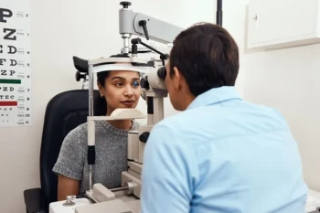 Woman receiving annual eye exam