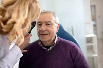 An older man has his eyes examined