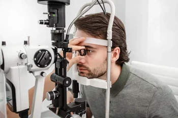 Patient in retina exam to determine common retina conditions