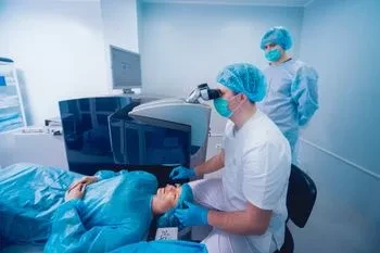 Woman receiving LASIK eye surgery to correct her vision