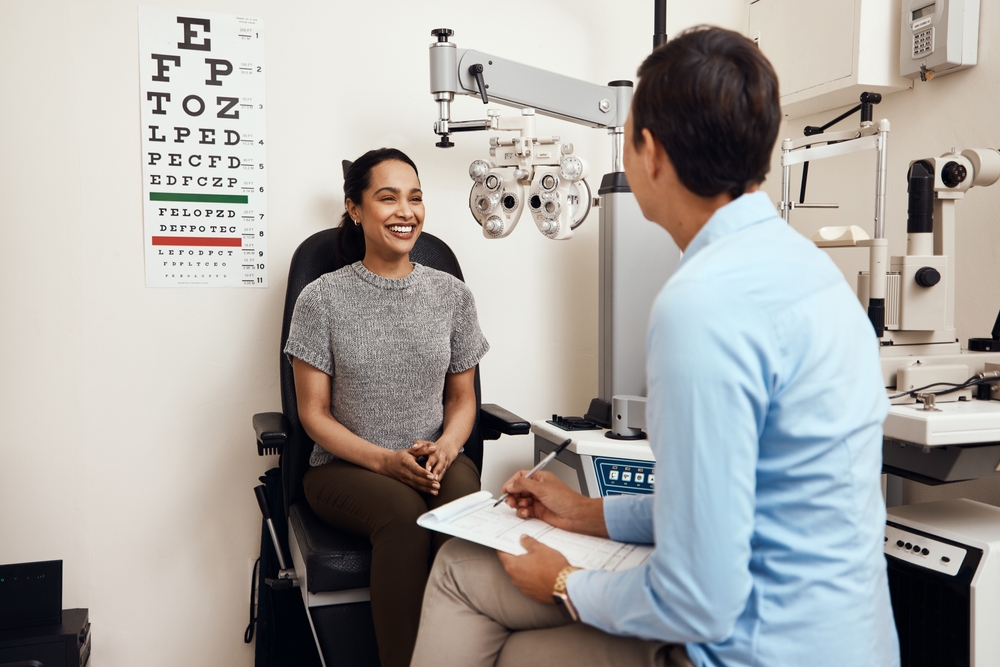Woman receiving vision test and eye exam for a comprehensive vision screening